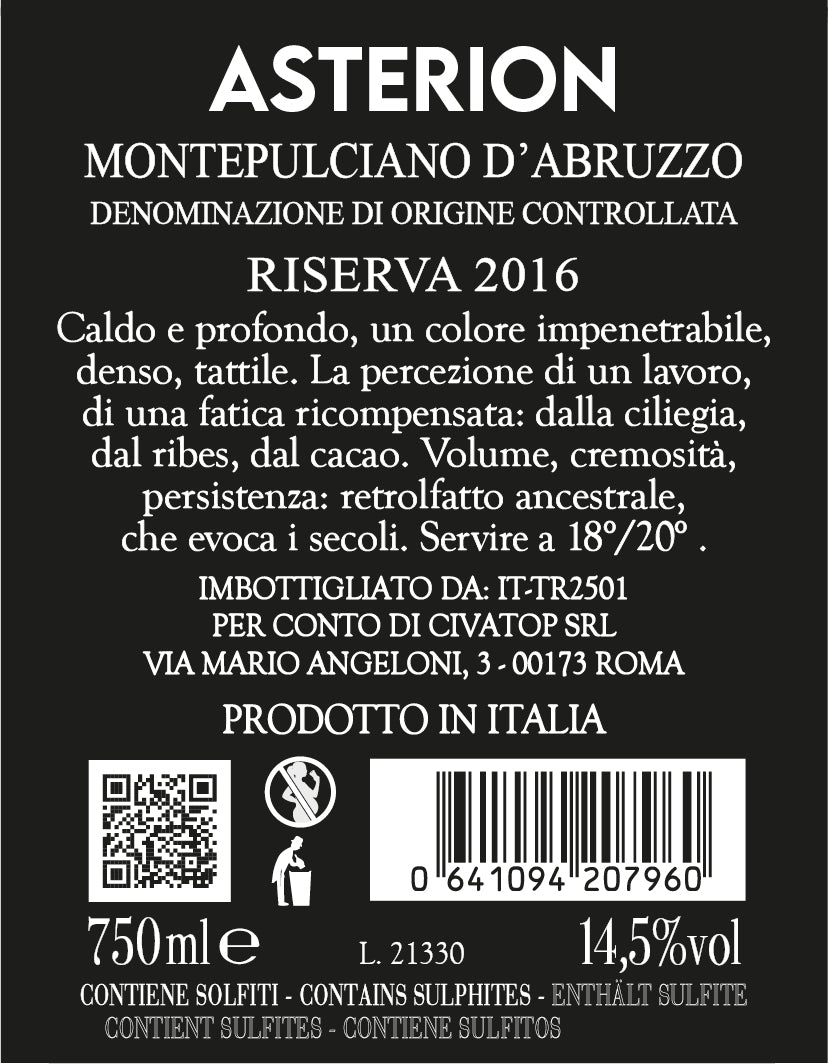 ASTERION MONTEPULCIANO D'ABRUZZO RISERVA 0.75 2016